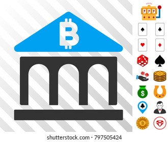 Bitcoin Bank Building pictograph with bonus gambling symbols. Vector illustration style is flat iconic symbols. Designed for gamble websites.