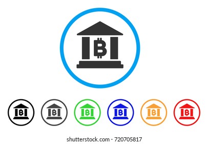 Bitcoin Bank Building rounded icon. Style is a flat bitcoin bank building gray symbol inside light blue circle with black, gray, green, blue, red, orange variants.