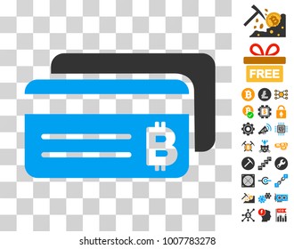 Bitcoin Bank Cards icon with bonus bitcoin mining and blockchain graphic icons. Vector illustration style is flat iconic symbols. Designed for crypto currency apps.