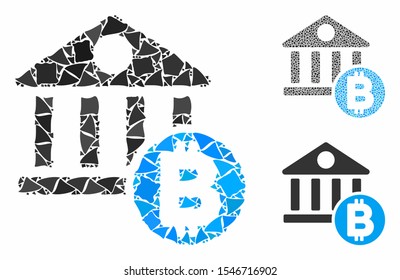 Bitcoin bank composition of irregular parts in variable sizes and color tints, based on Bitcoin bank icon. Vector rough dots are grouped into composition.