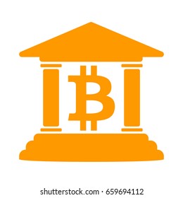 Bitcoin bank isolated orange flat vector icon. Secure bitcoin vector icon. Cryptocurrency bank icon.