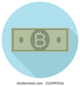 Bitcoin bank note symbol simple flat design icon in blue circle with shadow