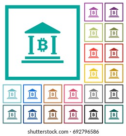 Bitcoin bank office flat color icons with quadrant frames on white background