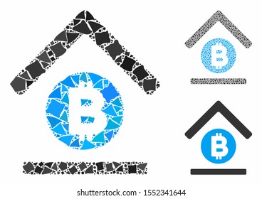 Bitcoin bank roof composition of humpy parts in variable sizes and color hues, based on Bitcoin bank roof icon. Vector inequal parts are composed into composition.