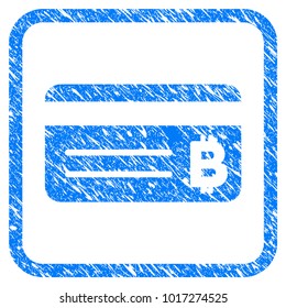 Bitcoin Banking Card rubber seal stamp imitation. Icon vector symbol with grunge design and unclean texture in rounded frame. Scratched blue stamp imitation on a white background.