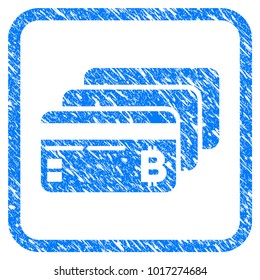 Bitcoin Banking Cards rubber seal stamp watermark. Icon vector symbol with grunge design and dirty texture inside rounded square frame. Scratched blue sticker on a white background.