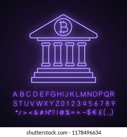 Bitcoin banking neon light icon. Account cryptocurrency balance. E-payment. Online banking. Glowing sign with alphabet, numbers and symbols. Vector isolated illustration