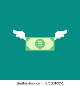 bitcoin banknote with wings. flat icon isolated on white background. Economy, finance, digital money. Online paying pictogram. Vector illustration. Crypto currency, virtual electronic, internet money