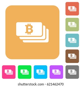 Bitcoin banknotes flat icons on rounded square vivid color backgrounds.