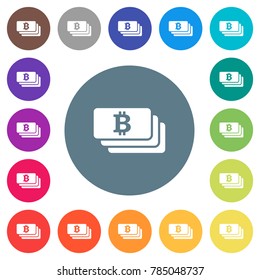 Bitcoin banknotes flat white icons on round color backgrounds. 17 background color variations are included.