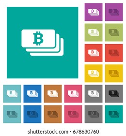 Bitcoin banknotes multi colored flat icons on plain square backgrounds. Included white and darker icon variations for hover or active effects.