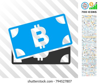 Bitcoin Banknotes pictograph with 700 bonus bitcoin mining and blockchain pictures. Vector illustration style is flat iconic symbols design for crypto-currency websites.