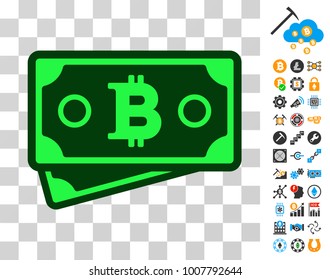 Bitcoin Banknotes pictograph with bonus bitcoin mining and blockchain design elements. Vector illustration style is flat iconic symbols. Designed for crypto currency ui toolbars.