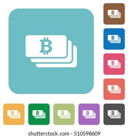 Bitcoin banknotes white flat icons on color rounded square backgrounds