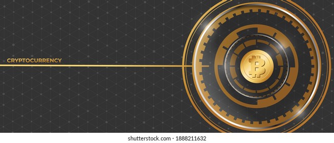 Bitcoin banner. Golden bitcoin digital currency, Cryptocurrency, futuristic digital money, technology worldwide network concept, vector banner.