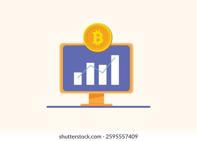 bitcoin bar chart inside computer. Crypto bitcoin digital money concept. Flat design vector illustration isolated. Minimalist flat design
