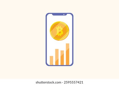 bitcoin with bar chart on mobile. Crypto bitcoin digital money concept. Flat design vector illustration isolated. Minimalist flat design

