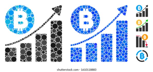 Bitcoin bar chart trend composition of filled circles in various sizes and color tones, based on Bitcoin bar chart trend icon. Vector filled circles are combined into blue collage.