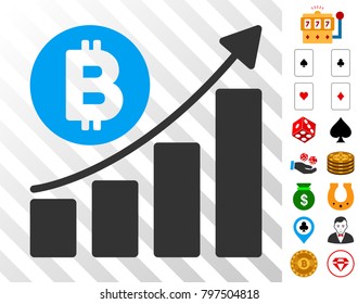 Bitcoin Bar Chart Trend icon with bonus gambling graphic icons. Vector illustration style is flat iconic symbols. Designed for gambling software.