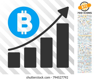 Bitcoin Bar Chart Pictograma de tendencia con 700 pictogramas de bonificación de minería de bitcoin y blockchain. El estilo de Ilustración vectorial es un diseño de símbolos icónicos planos para Sitios web de criptomonedas.