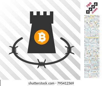 Bitcoin Barbwire Bulwark pictograph with 7 hundred bonus bitcoin mining and blockchain design elements. Vector illustration style is flat iconic symbols design for crypto currency apps.