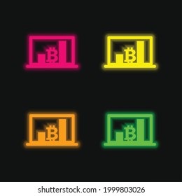 Bitcoin Bars Graphic On Laptop Screen four color glowing neon vector icon