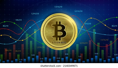 Bitcoin BEP2	(BTCB) coin Cryptocurrency blockchain. Future digital currency replacement technology alternative currency, Silver golden stock chart number up down is background. 3D Vector illustration.