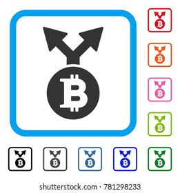 Bitcoin Bifurcation icon. Flat grey iconic symbol in a blue rounded rectangular frame. Black, gray, green, blue, red, orange color versions of Bitcoin Bifurcation vector.