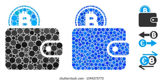 Bitcoin billfold composition of circle elements in variable sizes and color tints, based on Bitcoin billfold icon. Vector circle elements are grouped into blue mosaic.