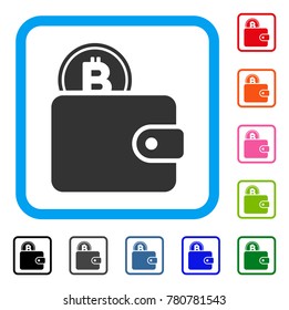 Bitcoin Billfold icon. Flat grey pictogram symbol inside a blue rounded rectangle. Black, gray, green, blue, red, orange color variants of Bitcoin Billfold vector. Designed for web and app interfaces.