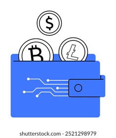 Bitcoin billfold icon with bitcoin mining and blockchain pictographs. Coins drops in wallet. Designed for crypto currency apps. Ideal for blockchain, cryptocurrency, digital finance
