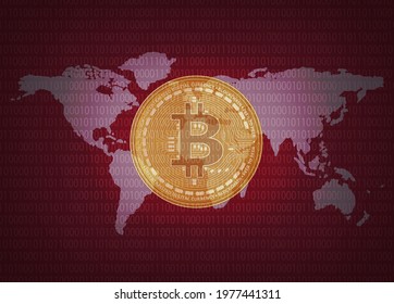 Bitcoin, Binary code and global map in dark red tone. Concept of bankruptcy, recession, crisis, vision, online investment technology, digital currency, financial and stock exchange market.