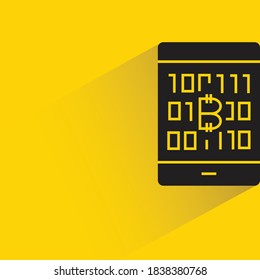 bitcoin and binary code on smartphone on yellow background