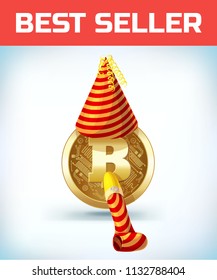 Bitcoin in birthday hat and pipe. Bitcoin. Digital currency. Crypto currency. Money and finance symbol. Miner bit coin criptocurrency. Virtual money concept. Cartoon Vector illustration.