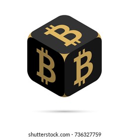 Bitcoin. Black Bitcoin Cube. Isometric Cube with Golden Bitcoin Sign on the Sides. Isolated Cubic Figure with Shadow on White background