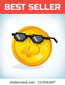 Bitcoin in black glasses. Bitcoin. Digital currency. Crypto currency. Money and finance symbol. Miner bit coin criptocurrency. Virtual money concept. Cartoon Vector illustration.