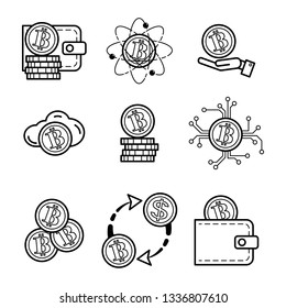 Bitcoin. Black and white line isolated vector icons set for site - cryptocurrency exchange, wallet, cloud storage, deposit, withdraw, blockchain, earnings.