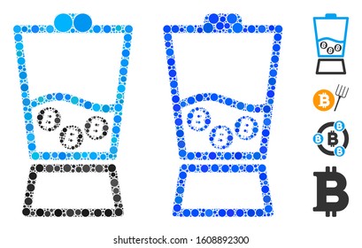 Bitcoin blender mosaic of small circles in variable sizes and color tints, based on Bitcoin blender icon. Vector small circles are combined into blue mosaic.
