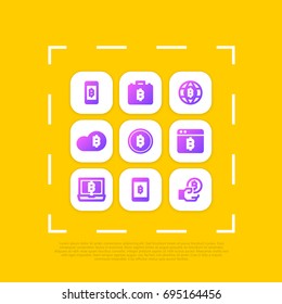 Bitcoin or Blockchain. App icon set. Vector favicon glyph clipart. Square rounded rectangular. Contains mobile, briefcase, globe wireframe, cloud, coin, browser, laptop, tablet and giving hand. 