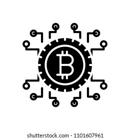 Bitcoin blockchain black icon concept. Bitcoin blockchain flat  vector symbol, sign, illustration.