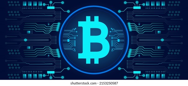 Bitcoin blockchain blue banner poster crypto currency digital encryption, digital money exchange. Computer circuit. Network online money digital currency technology computer cryptography