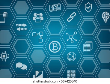 Bitcoin and blockchain blue vector background with polygon shapes