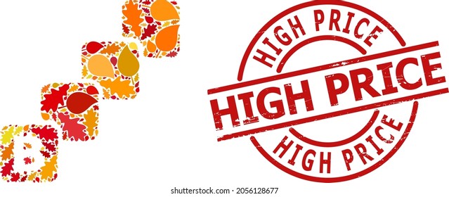 Bitcoin Blockchain composition icon constructed for fall season, and High Price scratched stamp seal. Vector bitcoin blockchain mosaic is done with randomized autumn maple and oak leaves.
