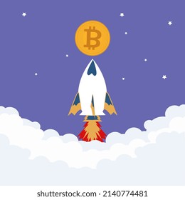 Bitcoin Blockchain Concept trading to the moon, Crypto banner, bitcoin Vector and illustration loacket go up to the moon, making investments for bitcoin breakout