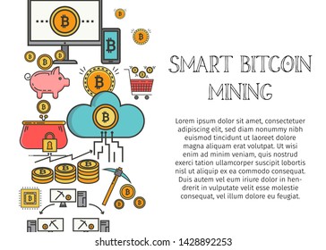 Bitcoin Blockchain Concept for web page, banner, presentation, social media. Vector illustration making investments for bitcoin and blockchain. Mining farm, cryptocurrency, server, exchange.