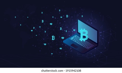 Bitcoin and Blockchain concept.Digital money market, investment, finance and trading. laptop with float on bitcoin symbol.Business, Finance and technology concept. 