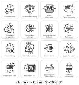 Bitcoin and Blockchain Crypto Protection Technology Icons. Modern computer network technology sign set. Digital graphic symbol collection. Bitcoin Payment and Crypto Security. Concept design elements.