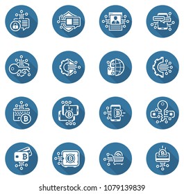 Bitcoin and Blockchain Crypto Protection Technology Icons. Modern computer network technology sign set. Digital graphic symbol collection. Bitcoin Payment and Crypto Security. Concept design elements.