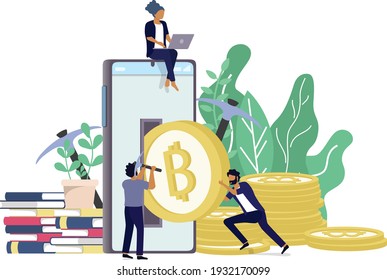 Bitcoin Blockchain cryptocurrency concept. golden coin of cryptocurrency come out from mobile phone in minimal design with  background of tree leaves. Minimal investments for bitcoin and blockchain