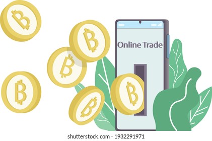 Bitcoin Blockchain cryptocurrency concept. golden coin of cryptocurrency come out from mobile phone in minimal design with  background of tree leaves. Minimal investments for bitcoin and blockchain